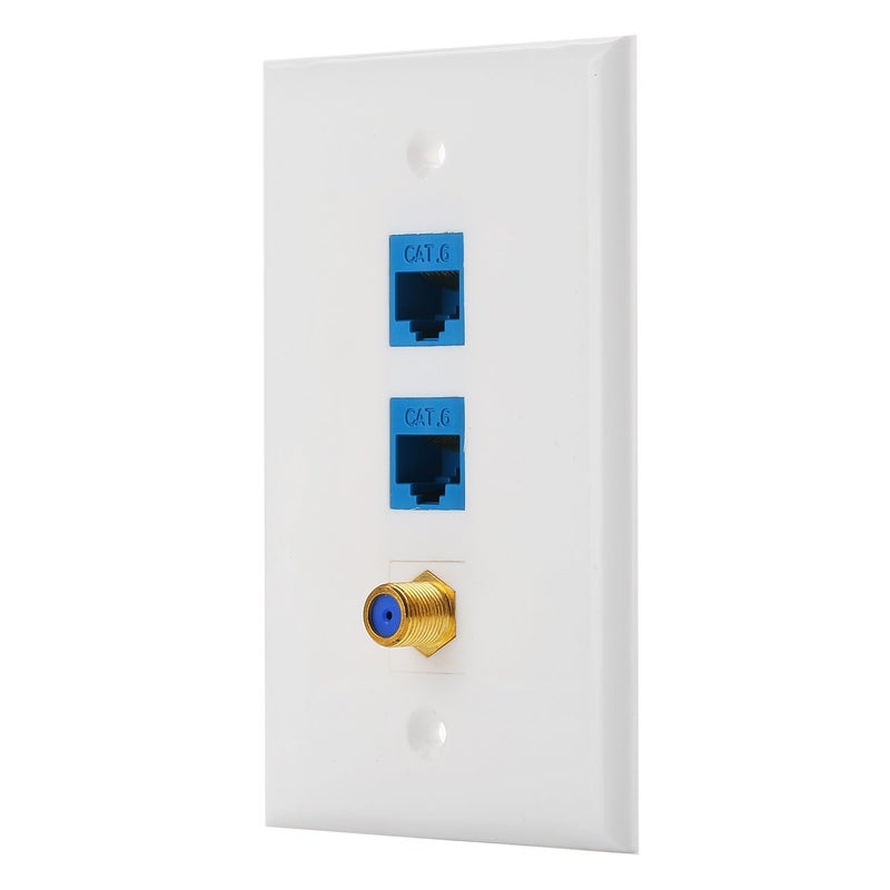 IBL-3 Port Wall Plate with Gold-Plated Coaxial TV Cable F Type + 2 Port Cat6 Ethernet Female to Female Jack in White - Image 1